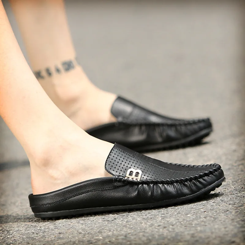

Summer Breathable Anti-slip England Peas Closed-toe ban tuo xie Men Casual Beach Slippers Lazy Trend Leather Sandals