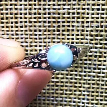 

6mm Genuine Natural Blue Larimar Gemstone Adjustable Ring For Women Lady 925 Silver Bead Crystal Fashion Jewelry Ring AAAAA