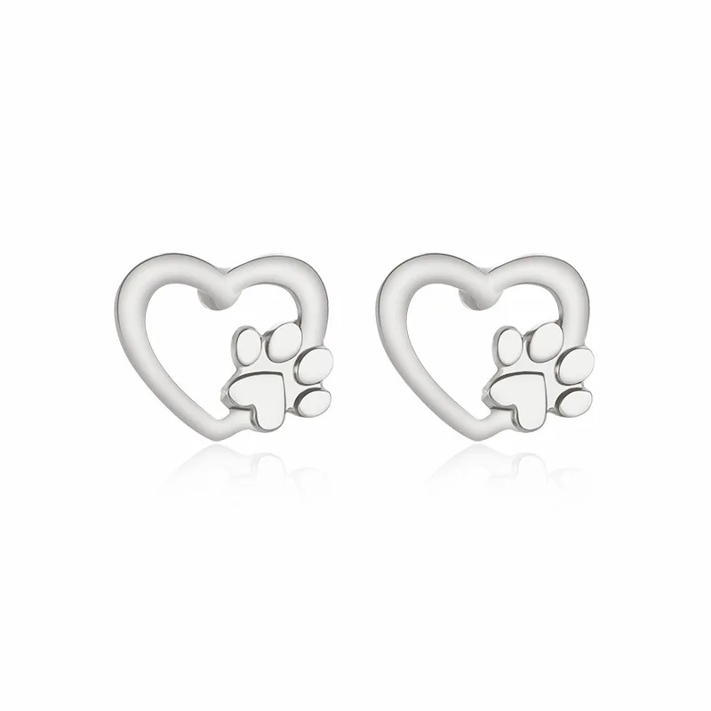 Cute Cat Dog Pet Claw Paw Print Love Heart Earring Stud Silver Gold Hollow Heart Korean Earring brincos Women Girl Jewelry