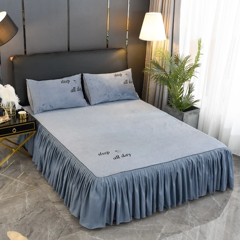 

Bed Skirt Fitted Sheet Crystal Flannel Pink Printing Soft Warm Velvet Elastic Bed Sheet Bedcloth Twin Queen King Mattress Cover