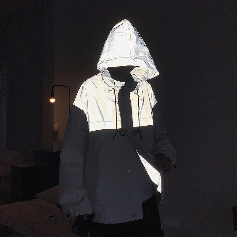 

Men Streetwear Reflective Jackets Windbreaker Hooded Mens Harajuku Patchwork Hip Hop Jackets Vintage Cargo Bomber Jackets