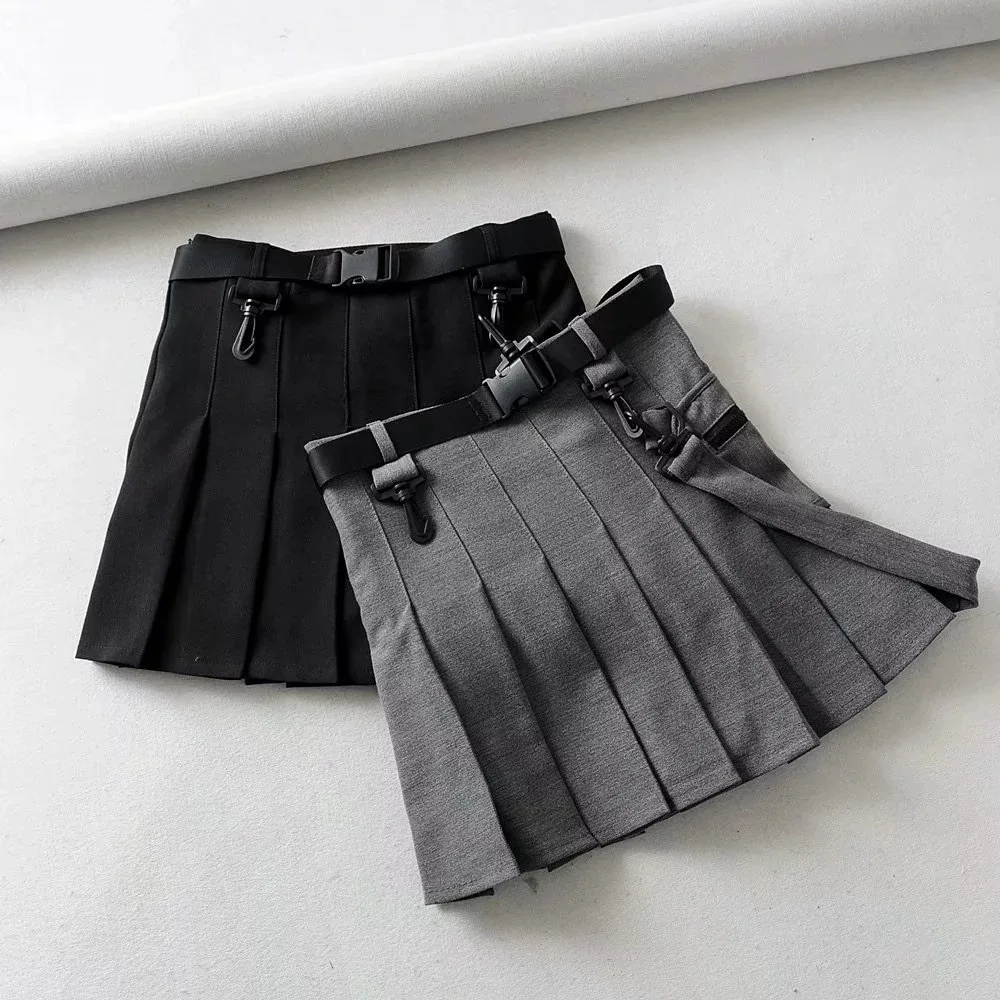 DEAT лето осень высокая талия хлопок серый Короткая Мини плиссированная юбка карго с поясом для женщин MG422