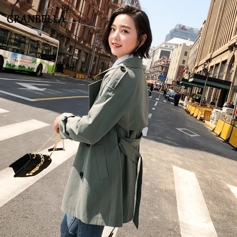 

Women Short casual Solid Color Trench Coat Waist Belt Slim Thin 2 Colors Classic Double Breasted Female Windbreaker