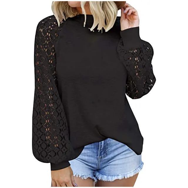 40#Ladies Blouses Fashion Round Neck Lace Hollow Long Sleeve Casual Loose Pullover Flannel Shirt Women cuellos falsos de mujer 5
