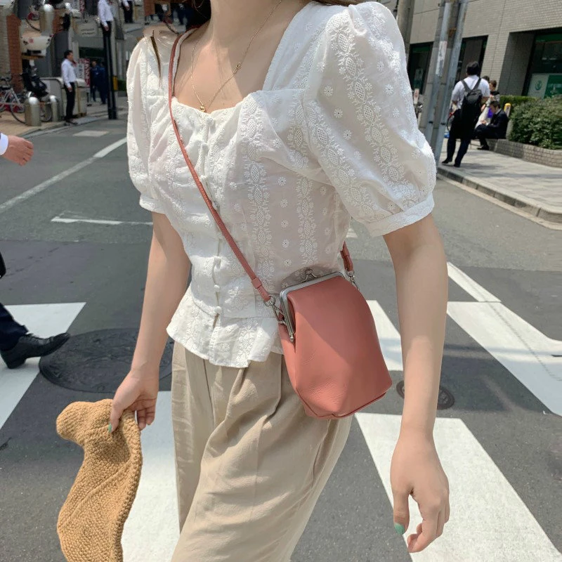 

2019 Summer Casual Square Collar Elegant Short Sleeves Sexy Single Breasted Simple Fresh Sweet White Short Shirts