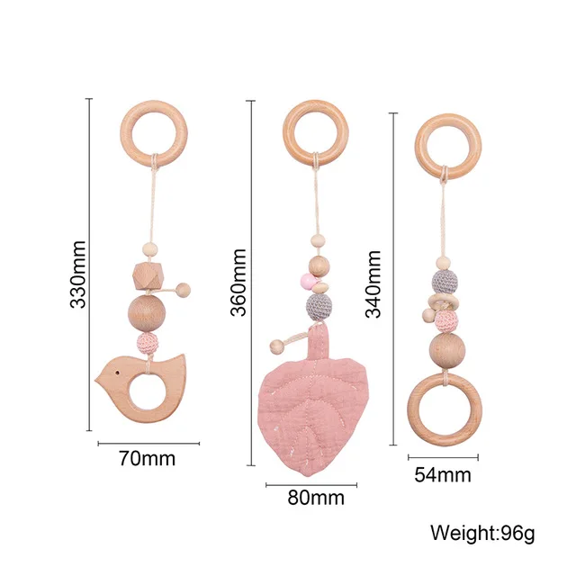 Baby Wooden Teether Gym Play Toys Cotton Leaves Mat Natural Wooden Rodent Stroller Chain Hanging Baby Toy Mobile Bed Holder Gift