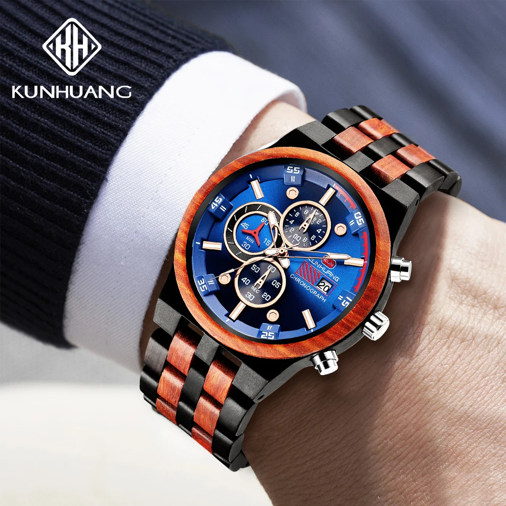 

KUNHUANG New Men's Multi-function Quartz Sports Watch Selling Model with Calendar Large Dial Running Second Wood Material Watch