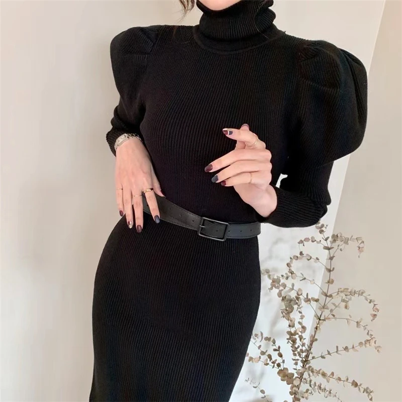 dresses women 2020 autumn winter korean clothes elegant turtleneck long sleeve black bodycon long dress sweater dress vestidos