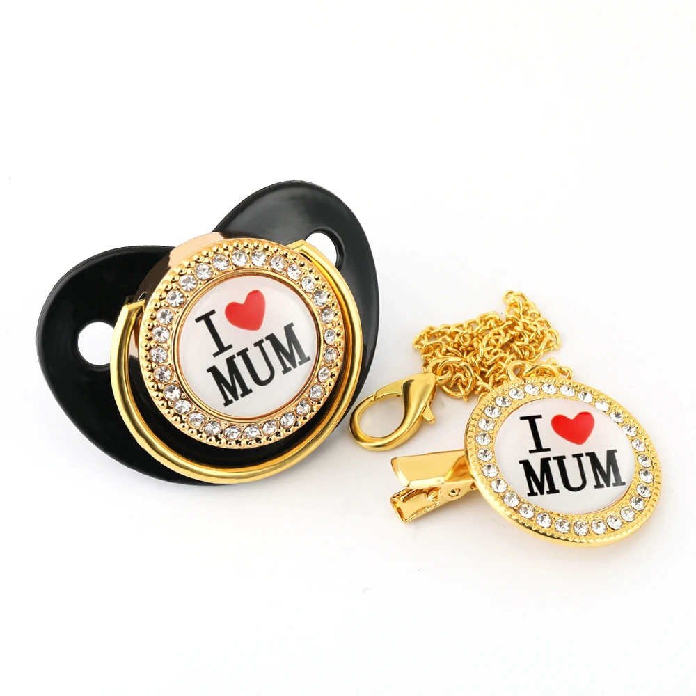 Luxury Golden I Love Mum Bling Pacifier with Chain Clip Newborn Baby Boy Girl Dummy Nipples Food Grade Silicone Pacifier Soother