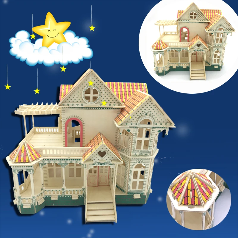 3D wooden puzzle dollhouse doll wood House Hawaii villa kit 
