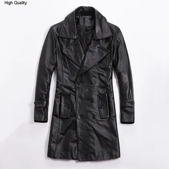 

2020 men's winter genuine leather coat smart causal Lapel cow leather long coat men slim fit cotton liner Windbreaker male