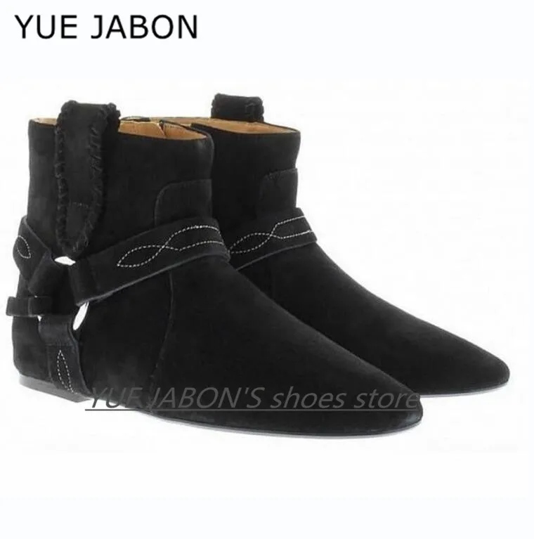 

Ladies Cow Suede Buckle Ankle Boots Zip Flat Heel Round Toe Chain Tassel Boots Fashion Women Winter Boots Female Shoes free ship