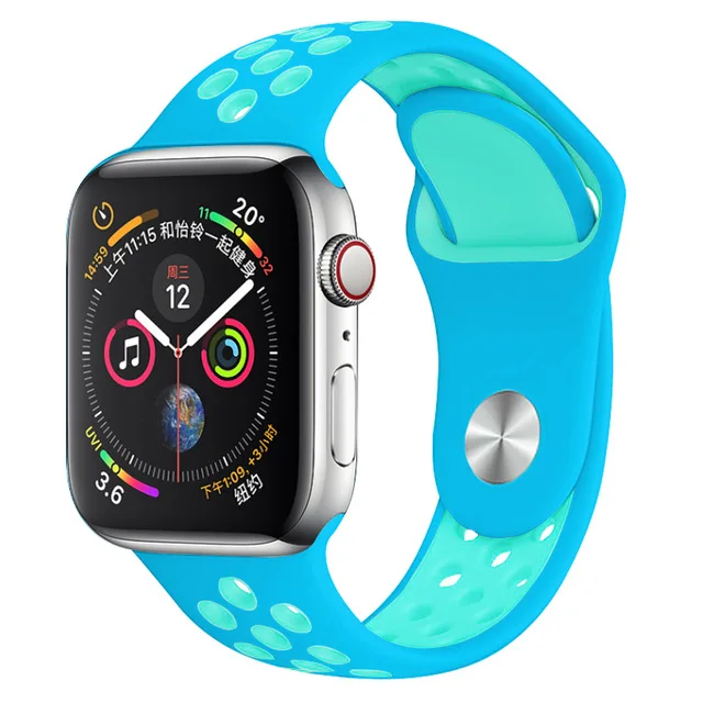 bule Light blue Дышащий силиконовый спортивный ремешок для Apple Watch, серия 40 мм, 44 мм, серия 4, 5, резиновый ремешок для iWatch, ремешок 38 мм, 42 мм, 2, 3 - Цвет ремешка: bule Light blue