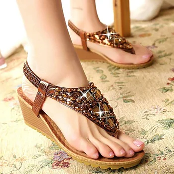 

Woman Flip Flop Sandals Female Elastic Band Shoes Ladies Casual Wedges Women Ethinc Beaded Women's Fashion Footwear Plus Size 42