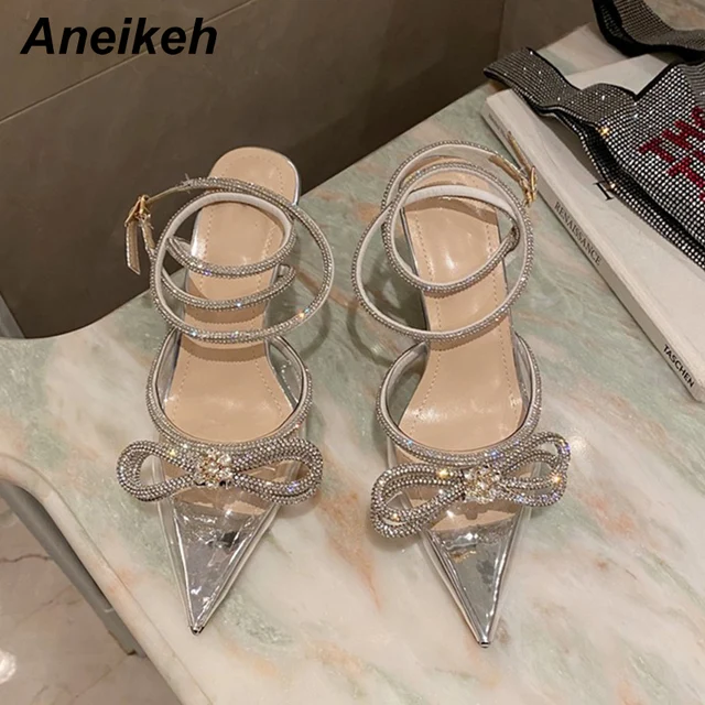 Aneikeh Spring/Autumn 2022 Women's Shoes Fashion Butterfly-Knot Narrow Band Bling Patchwork Cross-Tied Crystal Pointed Toe Pumps 3