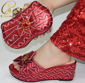 

Red Color Italian Shoes and Bags To Match Shoes with Bag Set Decorated with Rhinestone Designer Luxury Shoes Women 2020