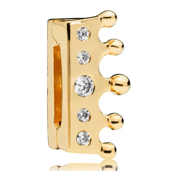 

New 925 Sterling Silver Bead Charm Gold Color Shine Reflexions Crown Clip With Crystal Beads Fit Pandora Bracelet Diy Jewelry