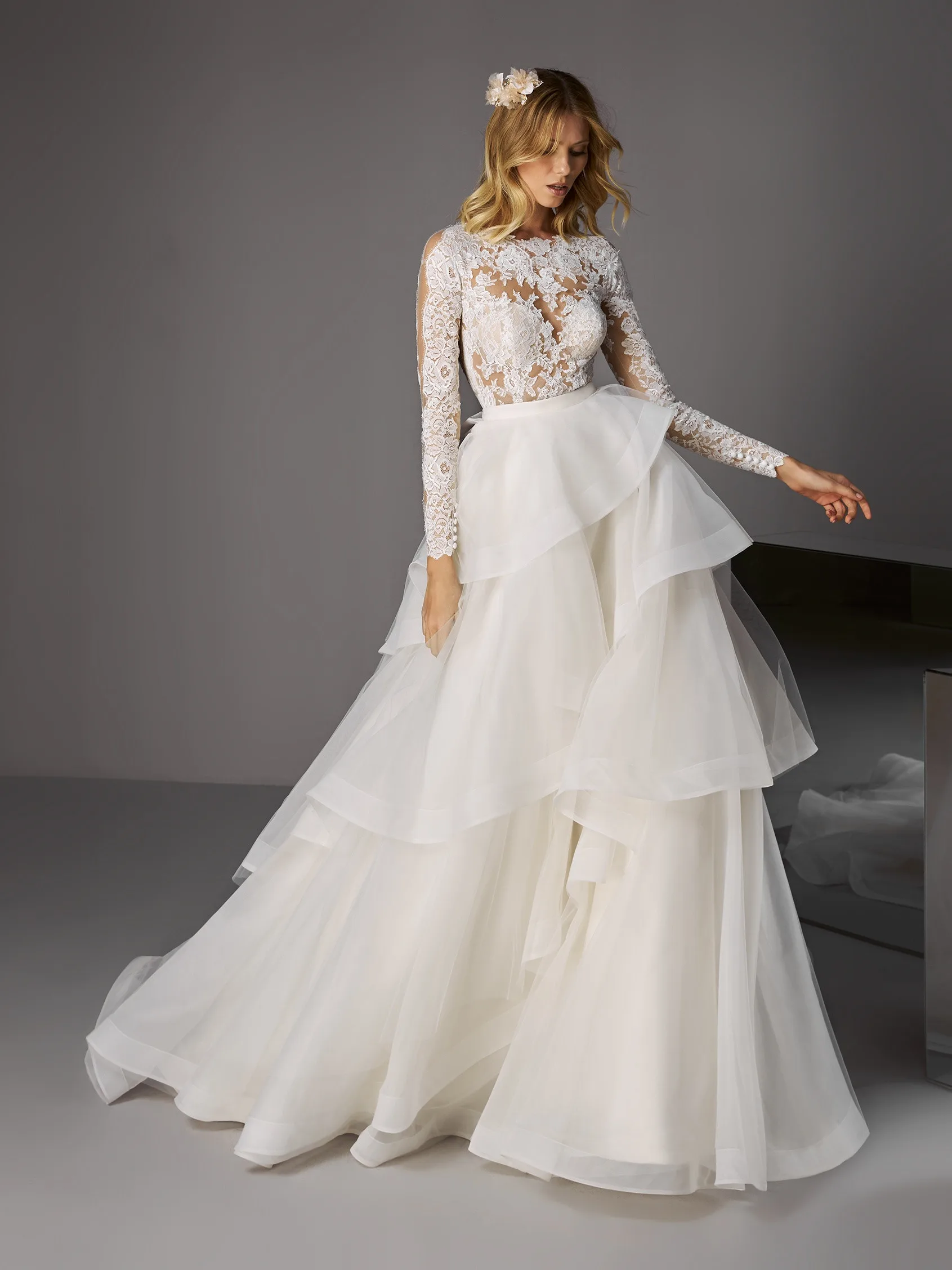 Vivian's Bridal новое многослойное гофрированное свадебное платье Модное Длинное платье с рукавами-иллюзиями и кружевной аппликацией на пуговицах и молнии