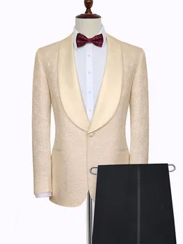 

Newest Groomsmen Shawl Satin Lapel Groom Tuxedos Beige and Black Men Suits Wedding/Prom Best Man ( Jacket + Pants + Tie ) Z56