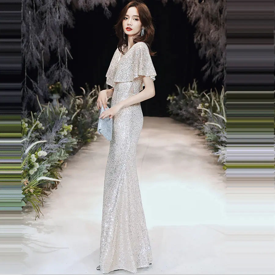 

Fake Shawl Mermaid Evening Dresses Stylish V-Neck Plus Size Women Party Dresses K024 Robe De Soiree 2019 Sequins Formal Gowns