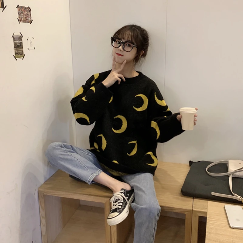 Neploe Pull Femme Новые повседневные джемперы с Луной для женщин милый трикотаж корейские свитера с длинными рукавами и пуловеры 54104
