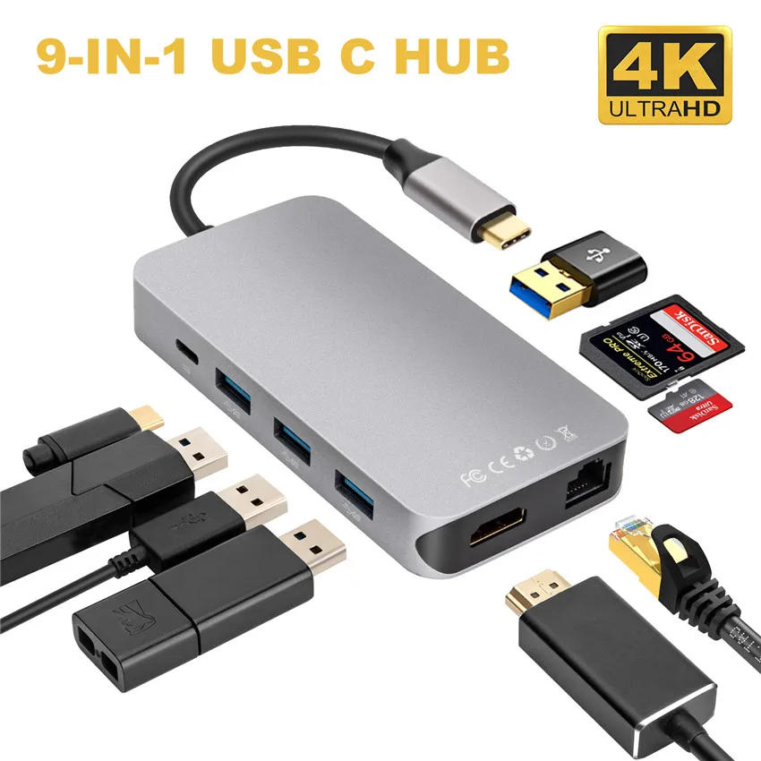 

9-IN-1 USB C Hub to HDMI 4K RJ45 Enthernet LAN 1000M 4*USB 3.0 Hub Type C PD Charge USB C Thunderbolt 3 Adapter USB C HUB