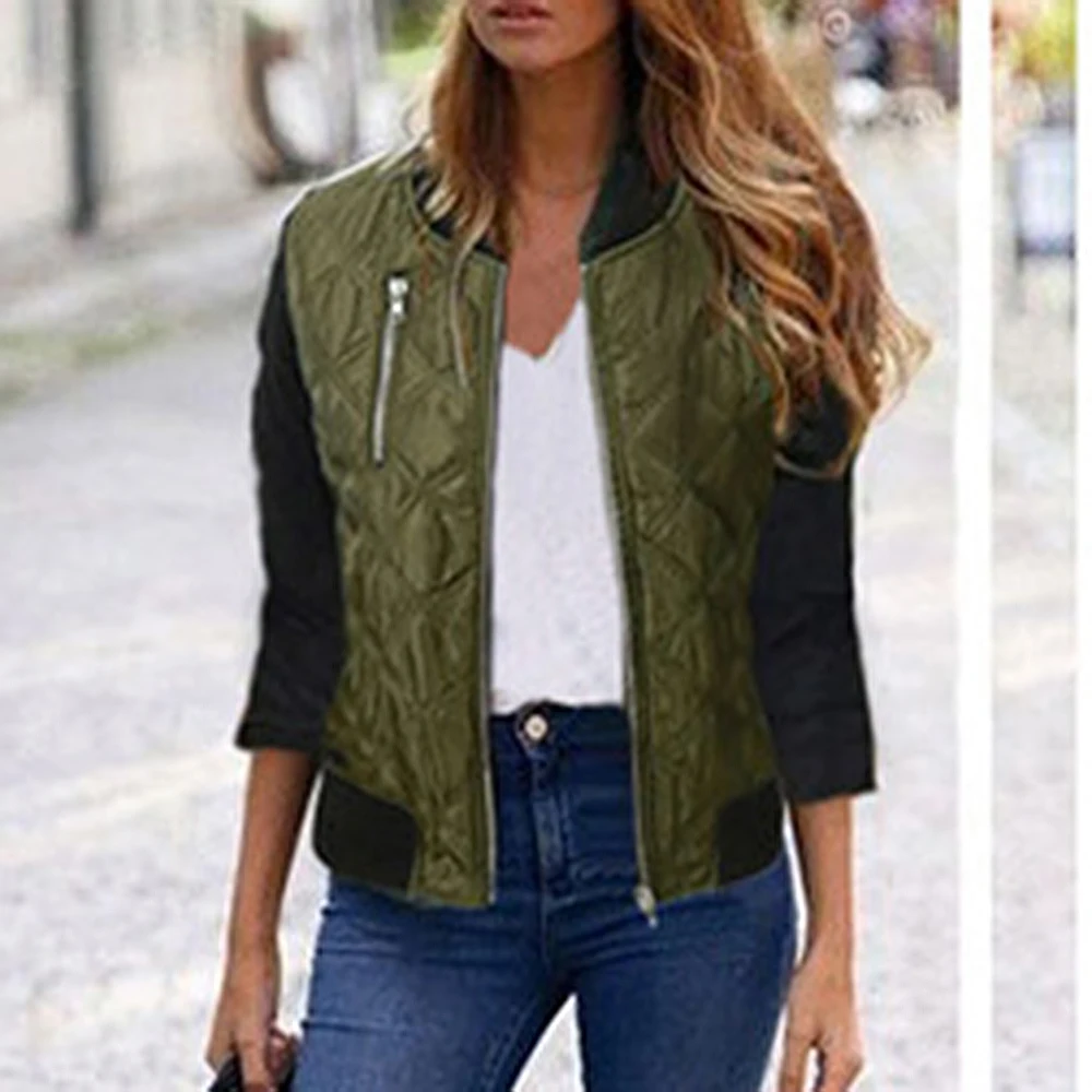 

CALOFE 2019 New Leisure Fashion Solid Women Jacket Autumn O-neck Zip Up Stitching Quilted Bomber jacket Femme Patchwork Coats