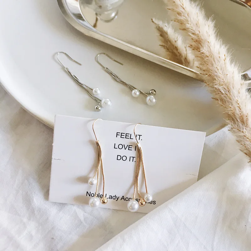 

Snake Chain Imitation Pearls Long Earrings Korean Fashion Daily Luxury Earrings