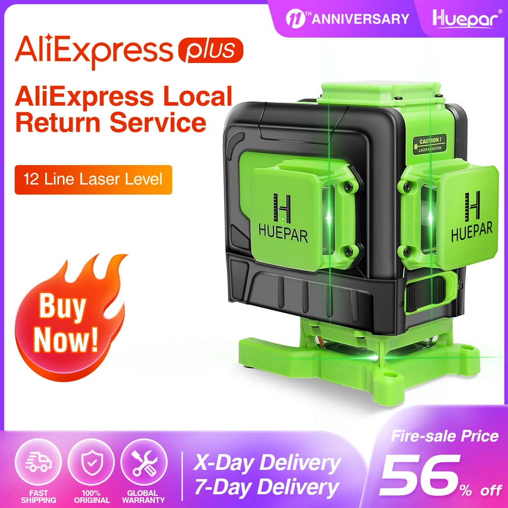 US $152.68 Huepar 12 Lines 3D Cross Line Laser Level Multifunction Green Beam Line With Remote Control amp Liion battery For Tiles Floor