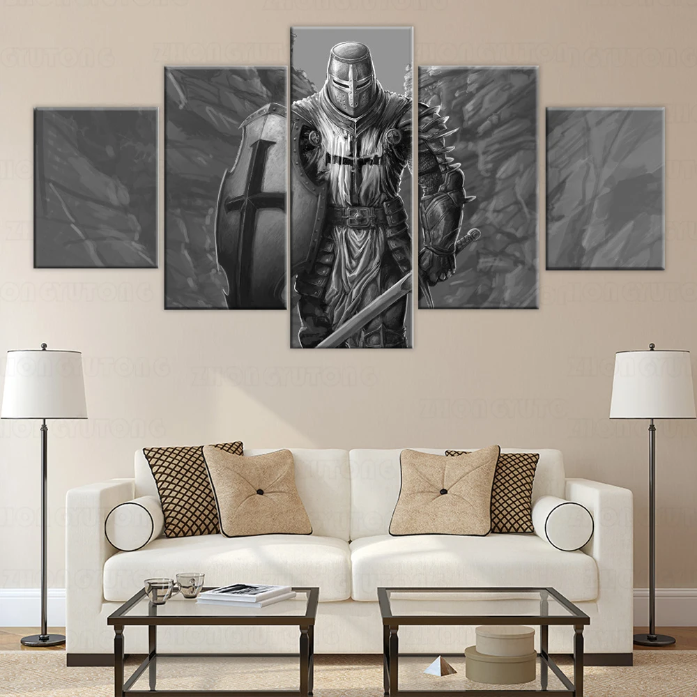 5 Piece Hd Print Picture Poster Knight Templar Painting Canvas Wall Art