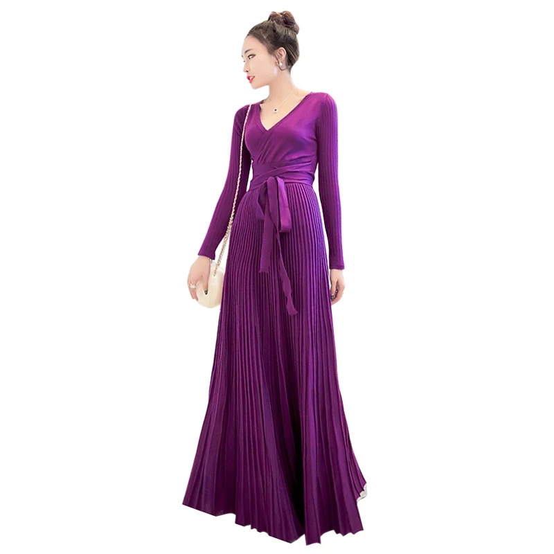 Женское трикотажное платье свитер с поясом и глубоким v образным вырезом|pleated maxi