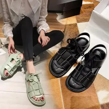 

CINESSD Gladiator Sandals Women PU Flat Shoes Woman Soft Lace Up Hot Sale 2020 Summer Sandals For Women Shoes Solid Chaussure 40