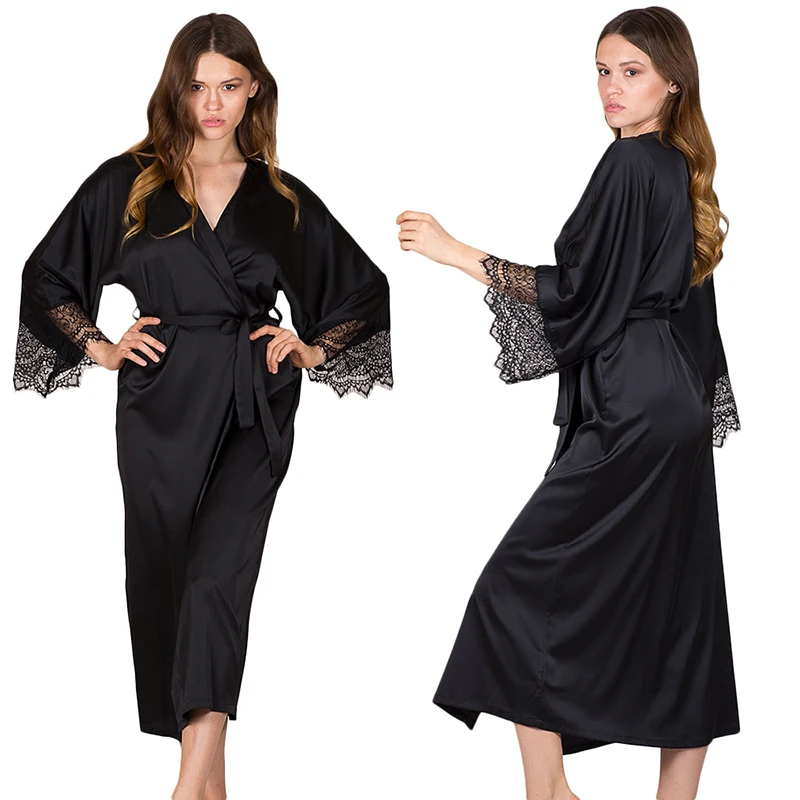 Lace Sleepwear Patchwork Satin Robe Long Sleeve bridesmaid Feminino Bath Plus Size Peignoir Femme Sexy Bathrobe D30 | Женская одежда