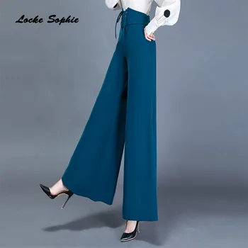 

1pcs High waist Women Plus size wide leg pants trousers 2020 Spring Cotton blend Splicing Bandage ladies loose Wide leg trousers