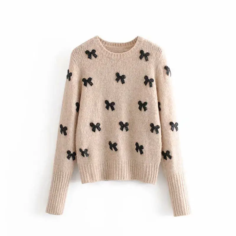 Women Bow Tie Appliques Knitted Sweater 2019 Winter Vintage Elegant Fashion Long Sleeve Female Pull