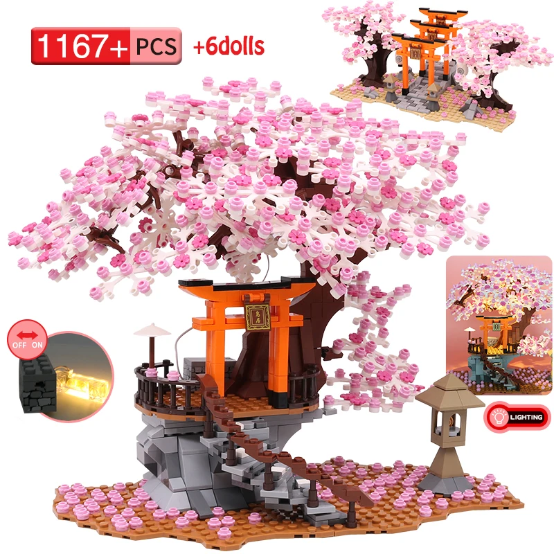 City Street View Shalter Sakura Building Blocks Cherry Blossom Classic Moc House Tree Brick Kids Construction Toys Regalo Per Bambini