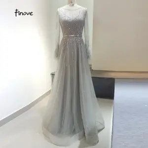 Image 4 - Finove Gorgeous Blue Evening Dress 2020 A Line Gowns Full Sleeves Feathers Neck Line Long Floor Length Elegant Formal Dresses