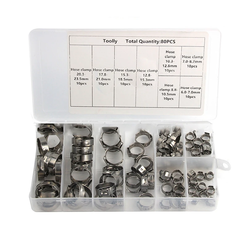

80Pcs Single Ear Stainless Steel Hydraulic Hose O-Clips Water Pipe Clamps Set