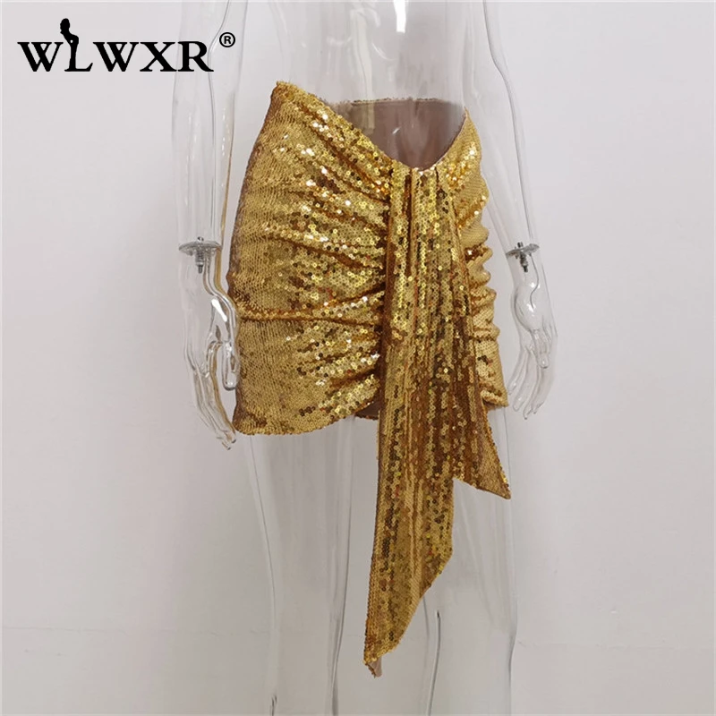 WLWXR/Пикантные мини-юбки из искусственной кожи; Женская Асимметричная черная юбка с блестками и высокой талией; Клубные вечерние юбки-карандаш в складку