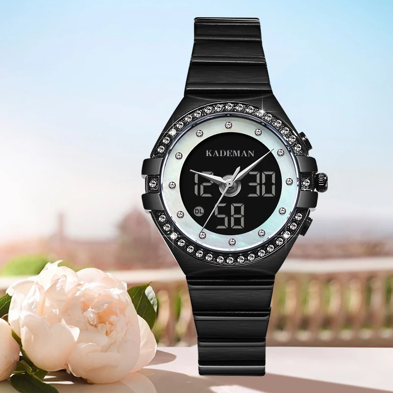 

K9079L 2020 Kademan Women Watch Dual Display Elegant Crystal Quartz Stainless Steel Waterproof Dress Wristwatch Relogio Feminino