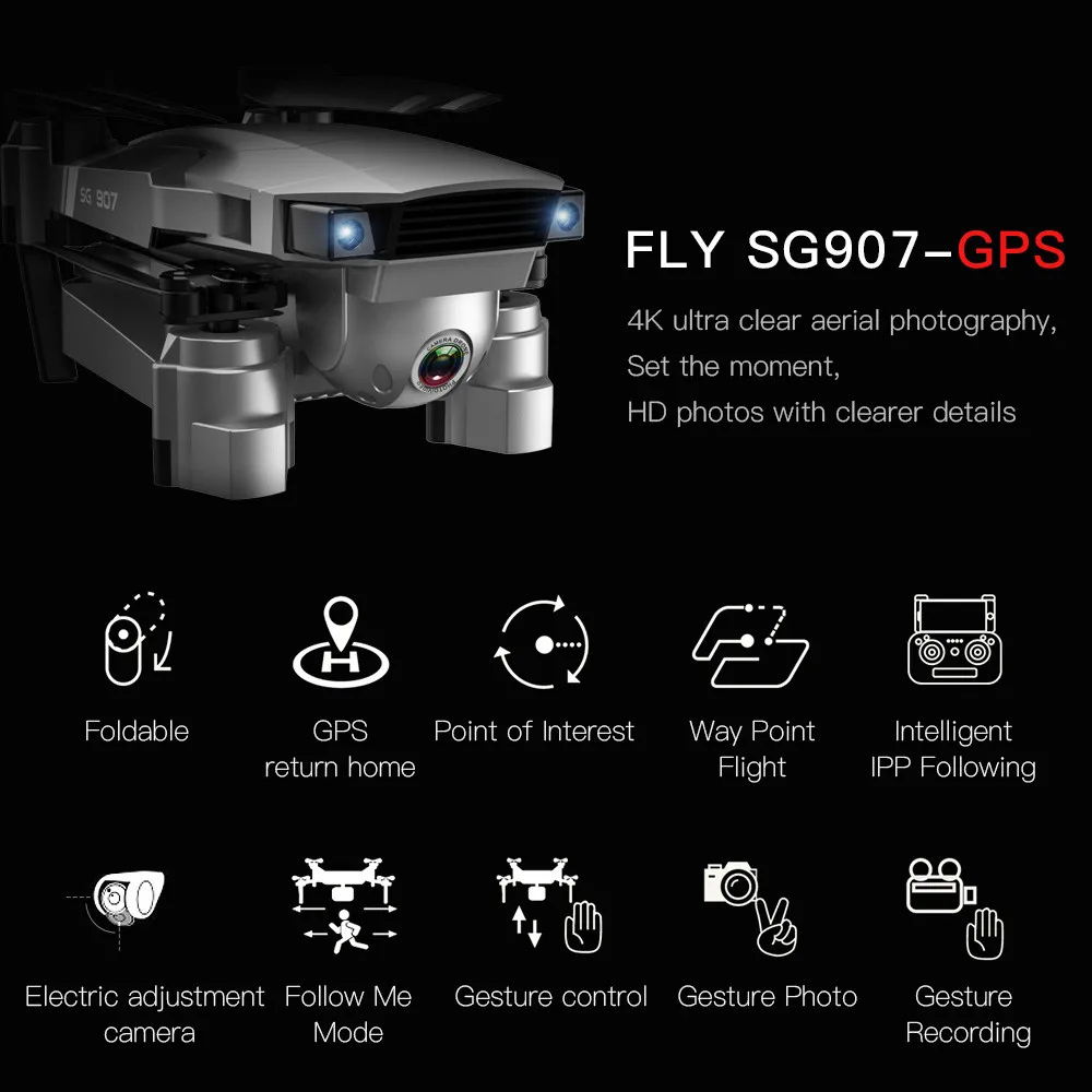 SG907 GPS Drone with 4K HD Dual Camera Wide Angle Anti-shake WIFI FPV RC Quadcopter Foldable Drones Professional GPS Follow Me