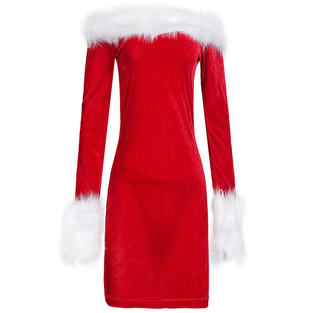 Snailify, плюс размер, Красный бархат, женский костюм Санта Клауса, платье, сексуальное, Рождество, косплей, год, женское, с открытыми плечами, нарядное платье - Цвет: RED