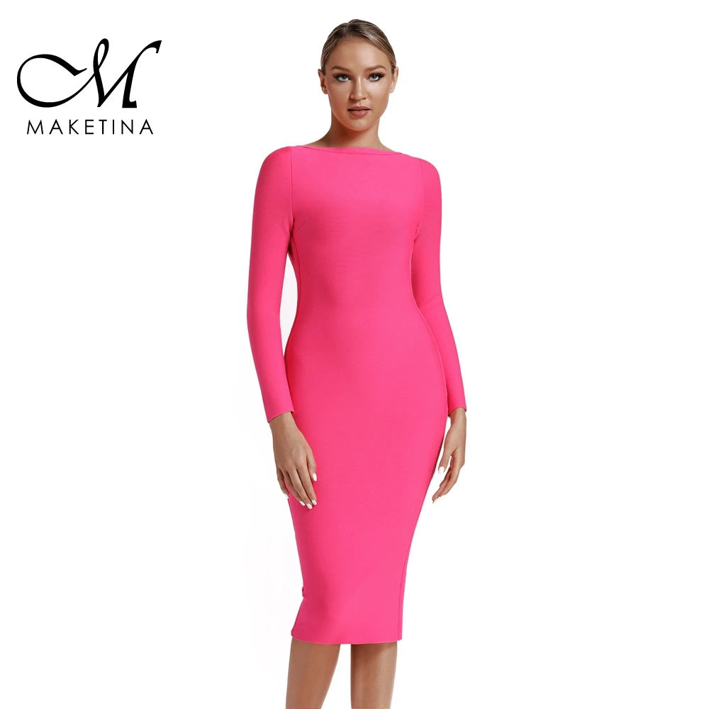 Maketina бандажные платья Новое поступление женское розовое Бандажное платье с длинным рукавом с круглым вырезом и открытой спиной модное Бандажное платье