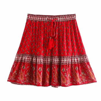 

Early spring 2020 New Retro High Waisted Style Floral positioning printing red cashew rayon elastic skirt