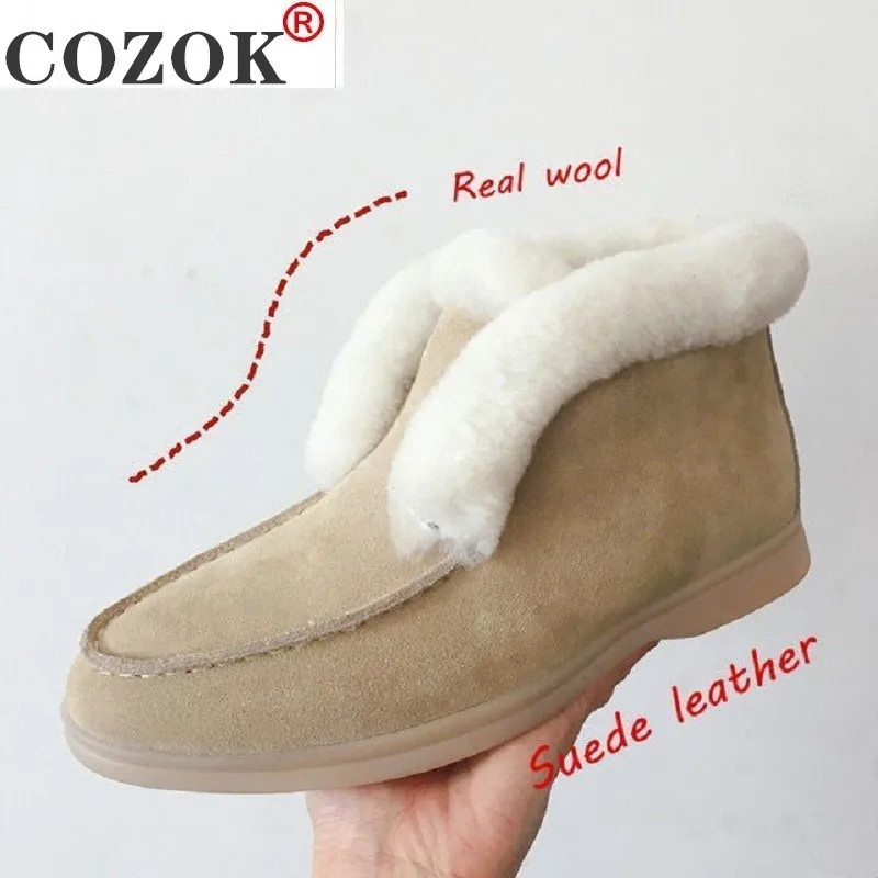 

Women Snow Boots Natural fur Genuine Leather Ankle Boots Winter Comfortable Flat Wool Boots Women Female Shoes Plus Size 35-43