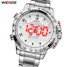 WEIDE Watches Mens LED Analog Dual Display Alarm Back Light Sports Military Watch Big Dial Stainless Steel Strap Quartz Watch weide brand big dial army military japan quartz watch movement analog digital display water resistant leather strap alarm clock