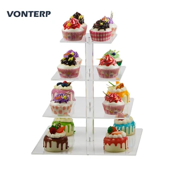 

HMROVOOM 1 pc square transparent 4 Tier Acrylic Cupcake Display Stand /acrylic cake stand 4 Tier Square(4.7" between 2 layers)