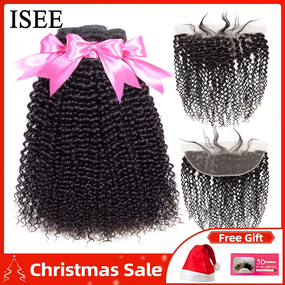 Comprar ISEE cabello mongol rizado mechones con Frontal 13*4 encaje Frontal con mechones Remy mechones de cabello humano con Frontal