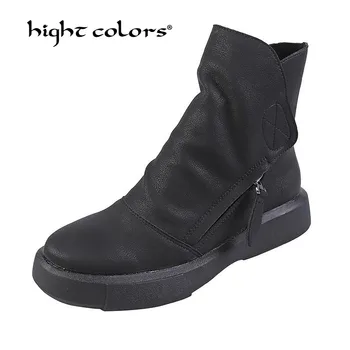 

New Design Round Toe Women Ankle Boots 2020 Vintage Genuine Leather Short Plush Winter Warm Snow Boots Flats Martin Shoes T5-626