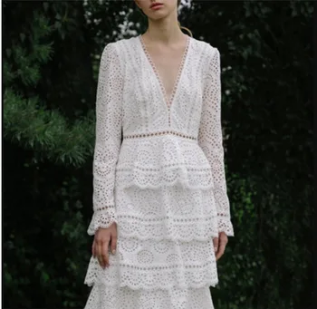 

2020 Spring New Style Elegant Women Dress V-neck Lace Long Sleeve White Dress Retro Holiday Cake Beach Dress